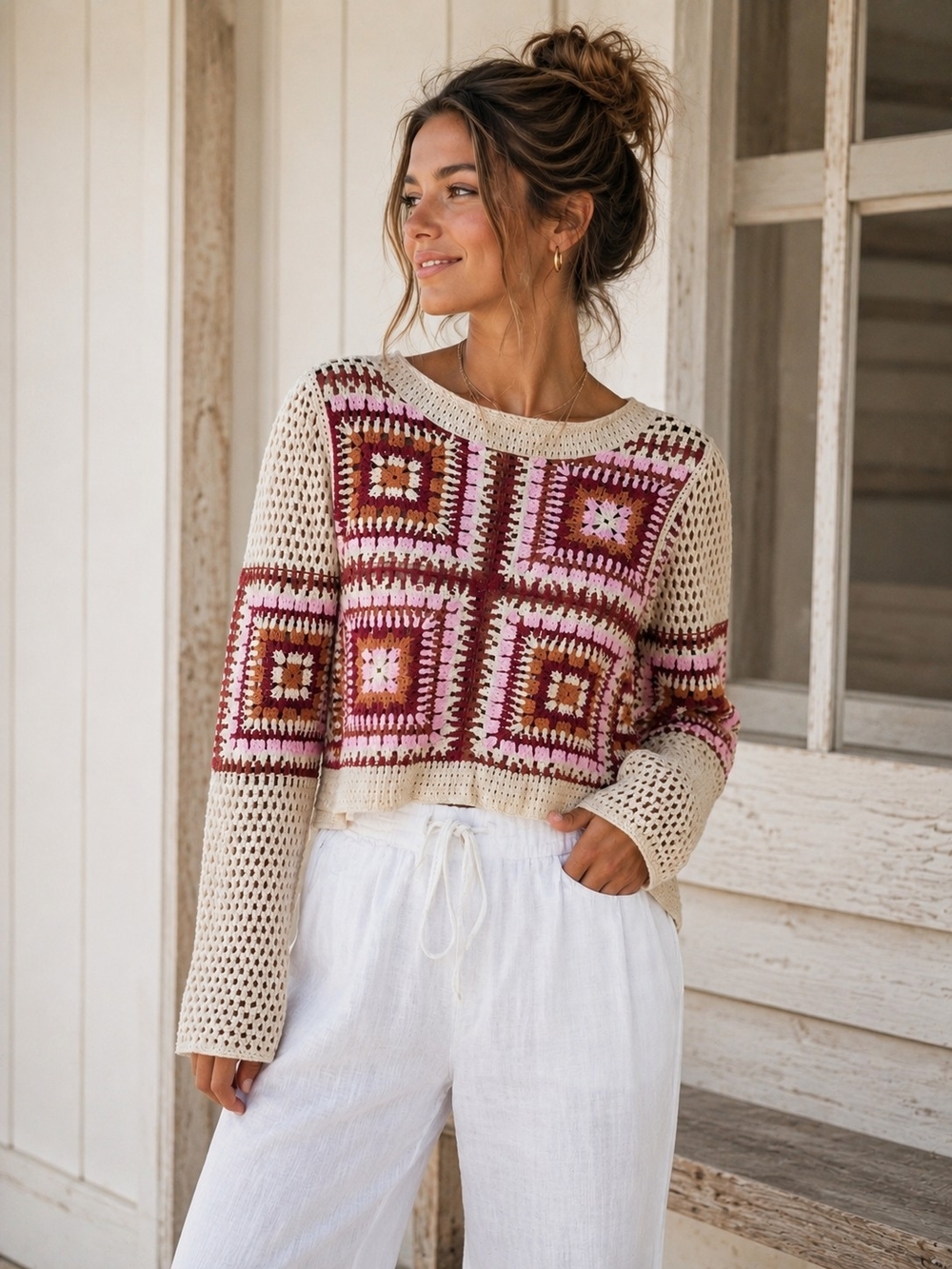 Granny Square Crochet Sweater Women's Boho Crop Knit Top Cream Pink Burgundy - Picture 1 of 6